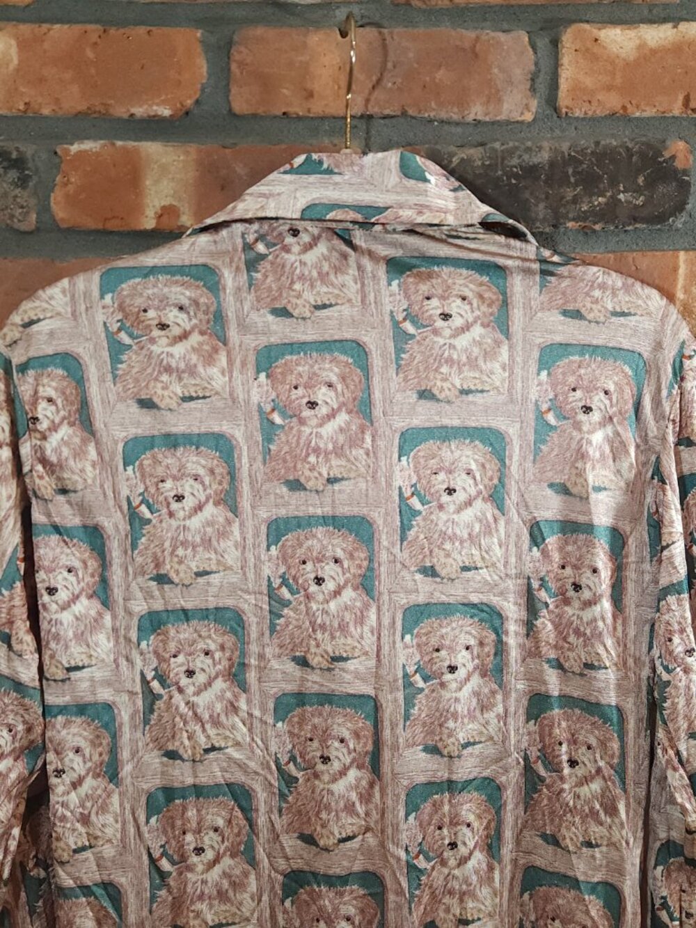 Vintage Huk-a-Poo Nylon Dog Print Button-front Shiny Disco Shirt 70s Women's M/L - Picture 6 of 7
